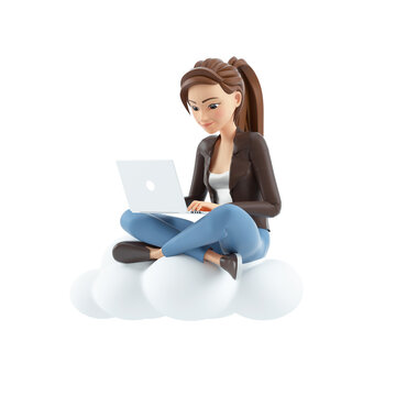 3d cartoon woman sitting on cloud and using laptop