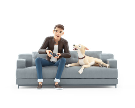 3d cartoon man playing video game sitting on sofa with his dog