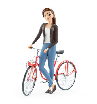 3d cartoon woman standing next to her bicycle