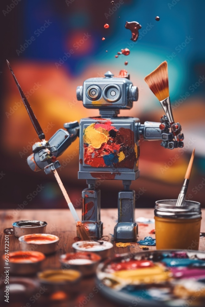 Poster a toy robot with paint and brushes on a table. generative ai image.