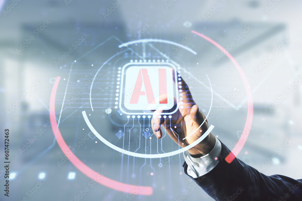 Aufkleber double exposure of businessman hand working with creative artificial intelligence abbreviation holog
