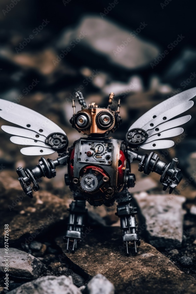 Poster a close up of a toy robot with wings. generative ai image.