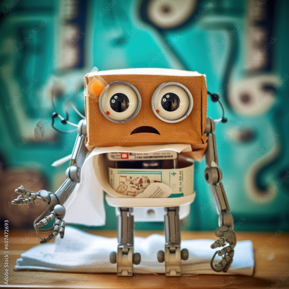 Aufkleber a toy robot with a paper box on it