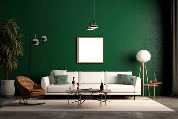 Frame mockup of modern living room with white sofa and green wall.  Generative AI
