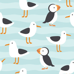 Seagulls and Puffin seamless pattern, vector illustration - 607472652