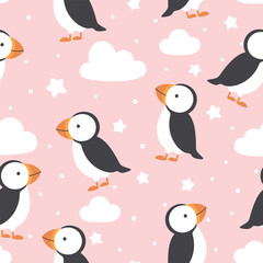 Seagulls and Puffin seamless pattern, vector illustration