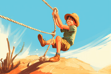 Fototapeta na wymiar illustration of kid playing pull the rope and have fun laying on a sunny day made with Generative AI