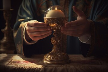 Religious Feast of Corpus Christi. Holy communion in church. Taking holy . Priest celebrate mass at the church. Cup with red wine, bread. Eucharist. Christian Catholic prays, holy grail.