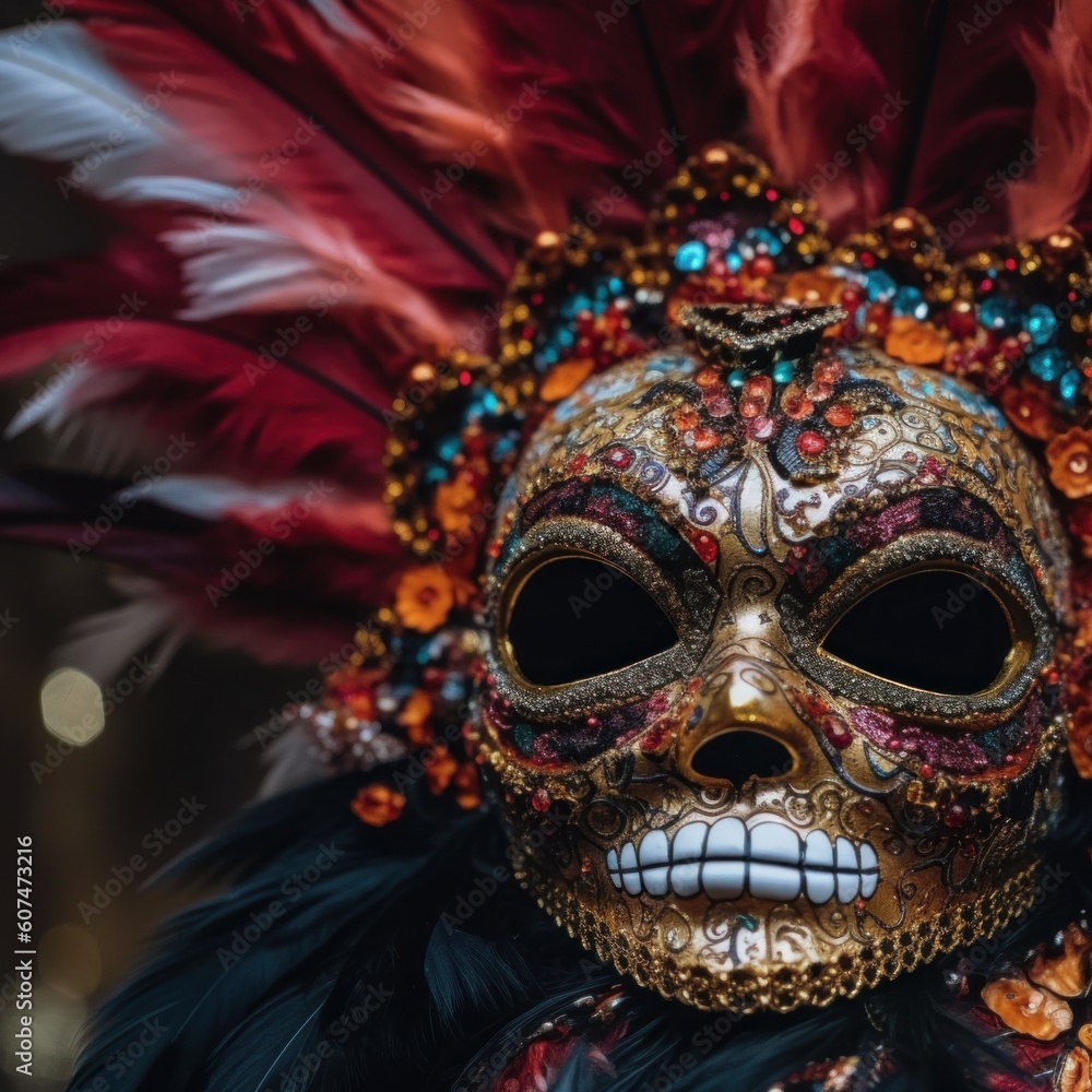 Poster a close up of a mask with feathers on it. generative ai image.