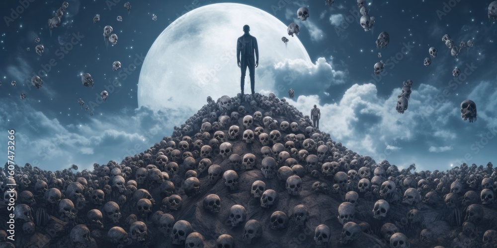 Poster a man standing on top of a pile of skulls. generative ai image.