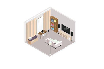 Vector isometric home rooms with furniture. Living room with sofa and tv, home office and bathroom