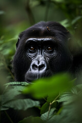 Obraz premium Gorilla head portrait seen trough jungle trees and lush leaves. Generative AI