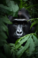 Gorilla head portrait seen trough jungle trees and lush leaves. Generative AI