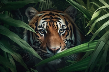 Tiger head portrait seen trough jungle trees and lush leaves. Generative AI