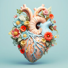 Anatomic heart with flowers 3D render on isolated background, flowering organ, generative ai