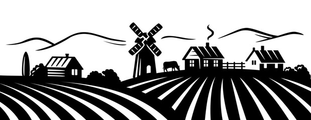 Farm and field black vector. Retro rural landscapes - 607474282