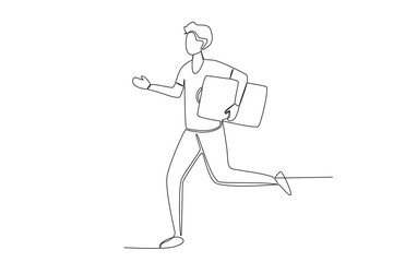 A man ran carrying a suitcase. Airport activity one-line drawing