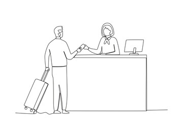 An airport staff serving passengers. Airport activity one-line drawing