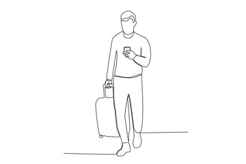 A man uses a cell phone while carrying a suitcase. Airport activity one-line drawing