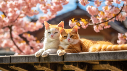 Cute cats in Japan on a cherry blossom background. Cute cats are relaxing on japanese house roof. Asian aesthetic style. For greeting cards design, calendars and tourism adv. Generative AI