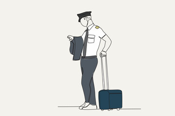 Color illustration of a pilot waiting for the scheduled departure. Airport activity one-line drawing