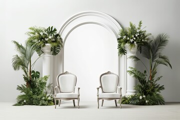 wedding backdrop aesthetic flower decoration indoor studio white background AI Generated