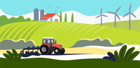 Rural landscape with tractor. Agriculture