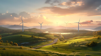 Fototapeta na wymiar Wind turbines at the horizon in green rural landscape. Alternative renewable green energy