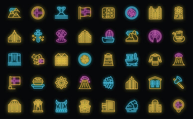 Iceland icons set outline vector. North island. Polar tourist neon color on black