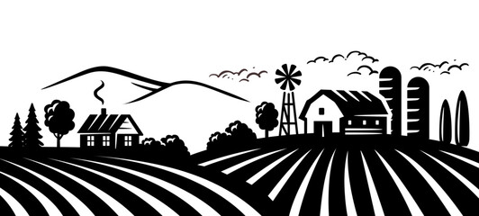 Farm and field black vector. Retro rural landscapes