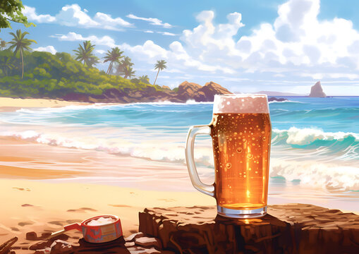 refreshing cold beer with a beach and sunset in background