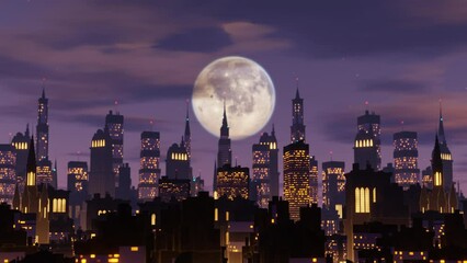 Retro futuristic grim night city side view flythrough seamless loop