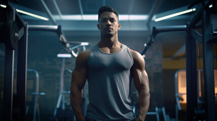 Fototapeta na wymiar Muscular man in a tank top at a gym.