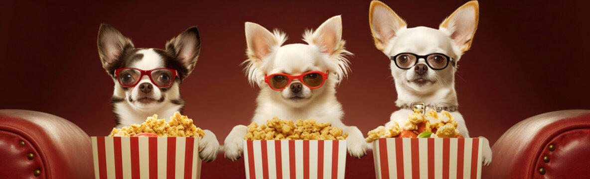 three dogs in the cinema atching a movie premiere. Recreation and television, a creative idea. Film screening, generative ai
