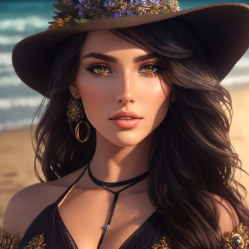 A woman in a hat on a beach
