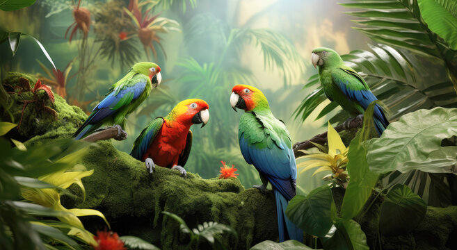 Exotic rainforest scene with assortment of tropical birds