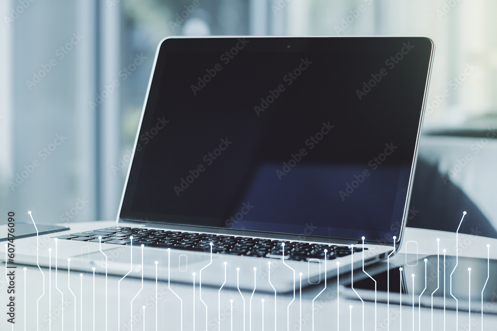Poster creative abstract micro chip hologram on modern computer background, artificial intelligence and mac