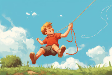 Fototapeta na wymiar illustration of kid playing pull the rope and have fun laying on a sunny day made with Generative AI