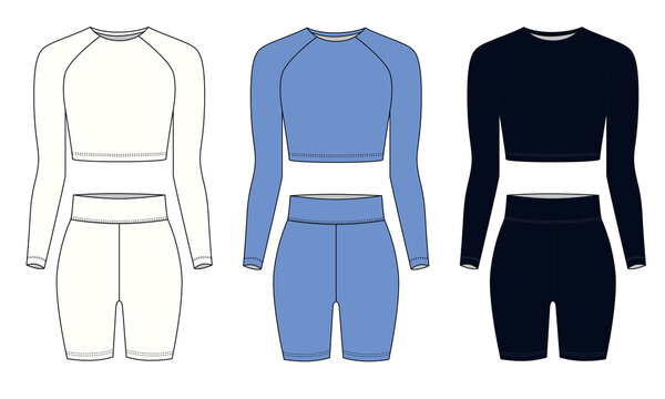 Collection of vector drawings of fashionable women's sportswear, white, blue, black colors. Sketch of bicycle shorts and long sleeved top, vector. Set of jersey shorts and tank top templates.