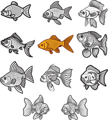 Goldfish outline icon isolated line vector illustration