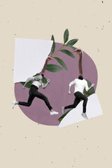 Image picture artwork collage sketch of two unusual personage weird faces running hurrying shopping...