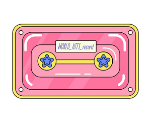 Pink old-fashioned audio cassette, decorative art for trendy Y2K aesthetic, retro drawing of retro audio equipment, vector design element, sticker.