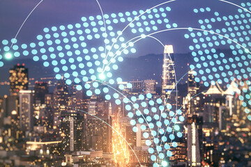 Abstract virtual world map with connections on San Francisco skyline background, international trading concept. Multiexposure