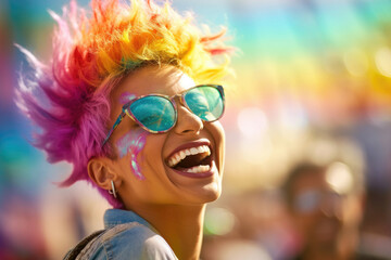 Smiling young woman with funny hairstyle during color festival. AI generative art