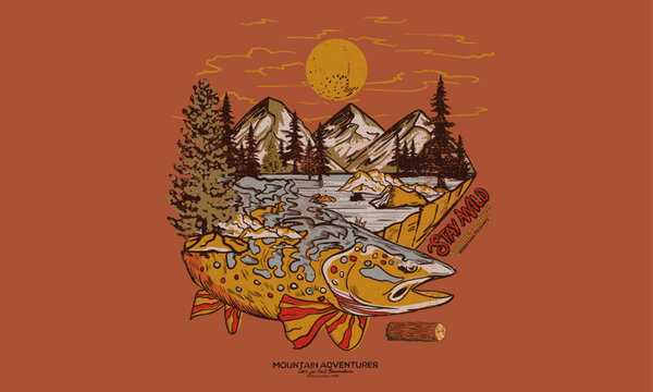 Mountain fish t shirt vector design. Adventure drawing artwork for apparel, sticker, batch, background, poster and others. Mountain adventure design. Fishing campig.