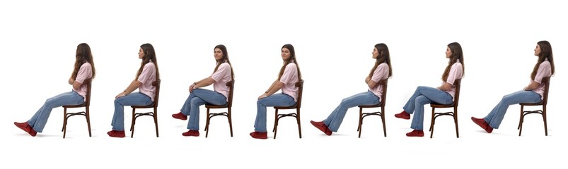 Obraz na płótnie Canvas Side view of a group of same young girl sitting on chair on white background