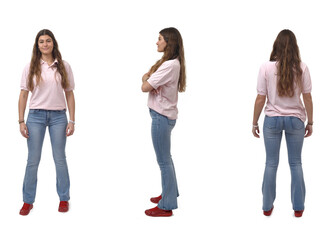 back,side and front view of a young girl standing on white background