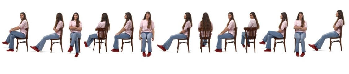 line of a large group of same young girl sitting on chair on white background