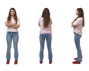 back,side and front view of a young girl standing and arms crossed on white background