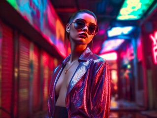 Fototapeta na wymiar Model in sunglasses on the street covered by neon lights, wearing pearly, vibrant colors.